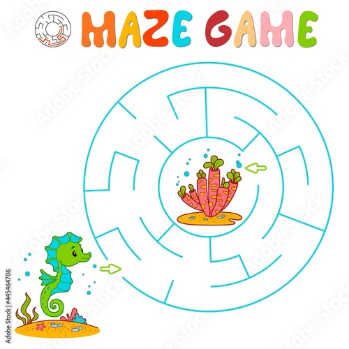 Maze puzzle game for children. Circle maze or labyrinth game with fish. Vector illustrations