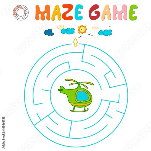 Maze puzzle game for children. Circle maze or labyrinth game with helicopter. Vector illustrations