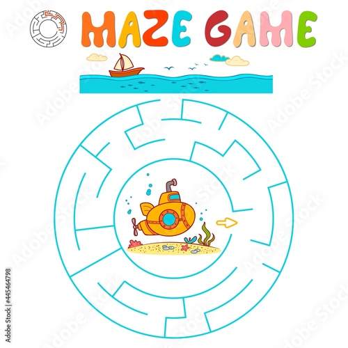Maze puzzle game for children. Circle maze or labyrinth game with submarine. Vector illustrations