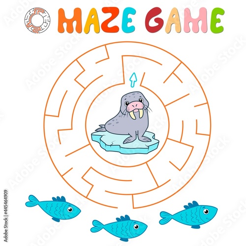 Maze puzzle game for children. Circle maze or labyrinth game with walrus. Vector illustrations