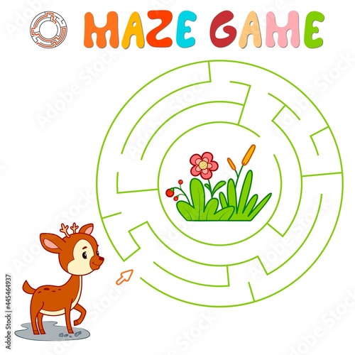 Maze puzzle game for children. Circle maze or labyrinth game with deer. Vector illustrations