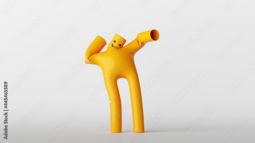looping animation of Inflatable yellow air dancer figure. Funny cartoon character is dancing in the white room
