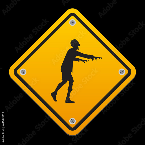 Yellow road sign with zombie. Vector illustration on black background