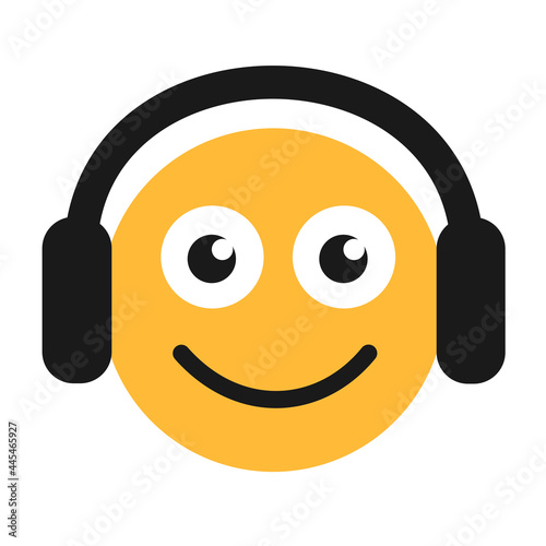 Emoticon of happy smiling person and man who is listening music, sound and audio by earphones, headphones, headset and head set. Vector illustration isolated on white. photo