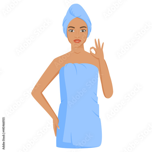 Young black woman wrapped in towel after bath or shower. Woman in sauna or spa. Vector 