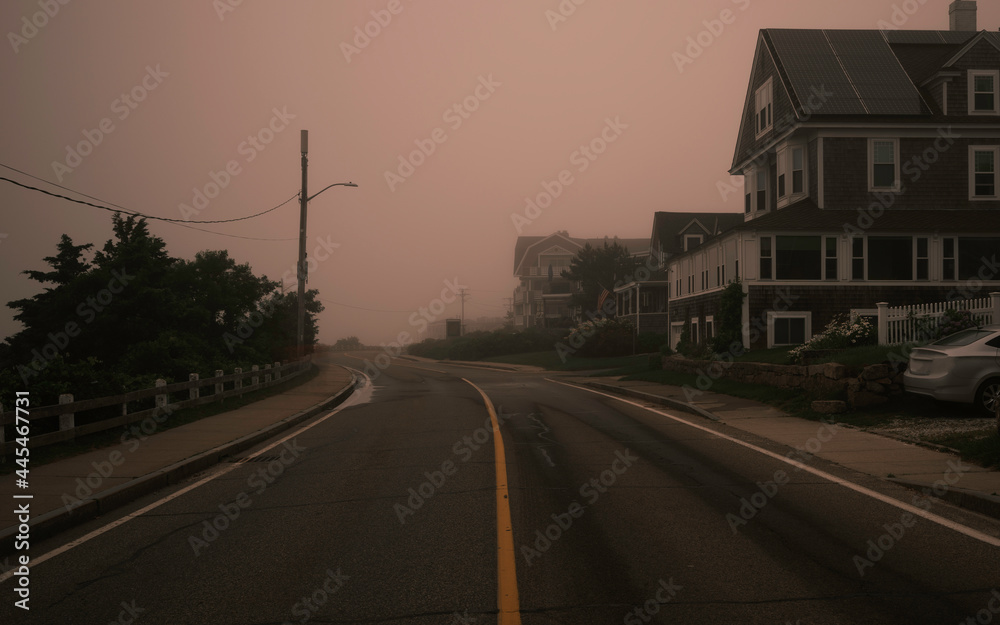 Foggy landscape of uphill road with trees and houses on Cape Cod coastline at Sunrise