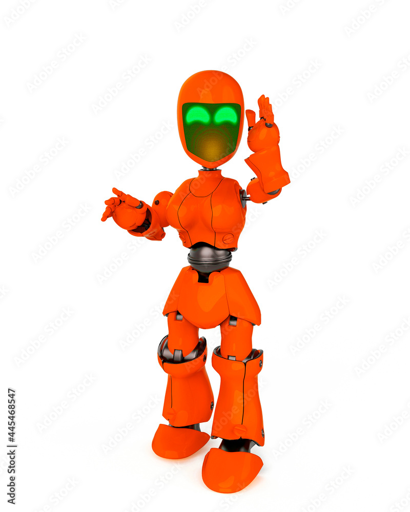 robot girl is standing and talking in white background