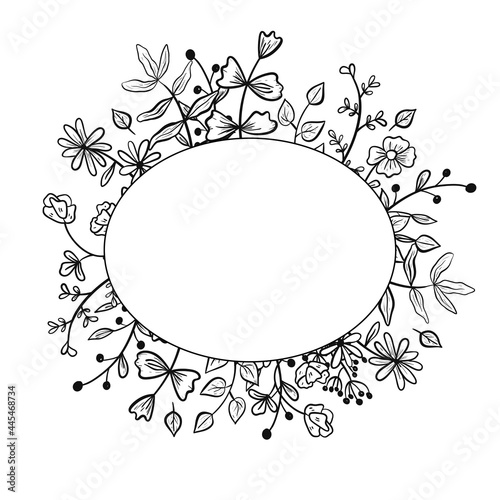 Round simple vector frame or border with doodle twigs. Branches and stems of plants with flowers, leaves and buds with petals. Line art decor elements.