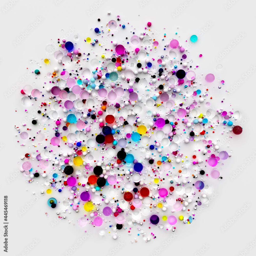 3d render of abstract art festive round circle ball or sphere based on small and big glass balls particles in purple yellow red blue and black color on light grey background 3d render of abstract art festive round circle ball or sphere based on small and big glass balls particles in purple yellow red blue and black color on light grey background