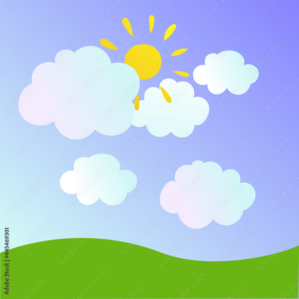 Cartoon field with sky and clouds. Green landscape. Kid style. Cartoon field with sky and clouds. Green landscape. Kid style.