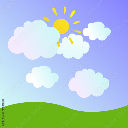 Cartoon field with sky and clouds. Green landscape. Kid style.