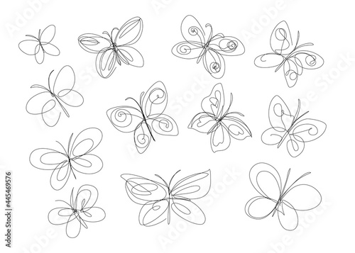 Butterfly set in continuous line art style. Trendy beautiful graphic for decoration or logo. Creative hand drawn sketch. © elialady