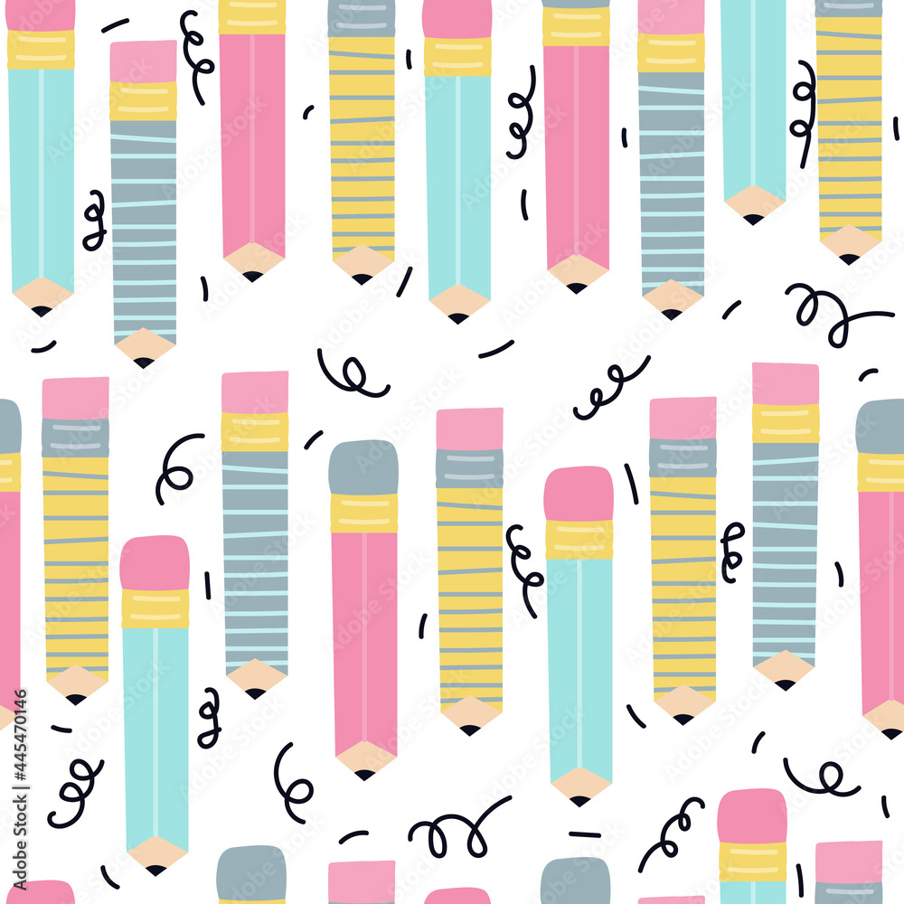 Seamless pattern with colorful pencils. Kids cute print. Vector hand drawn illustration.