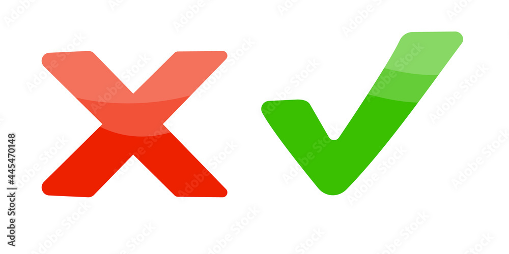 Check mark icons. Red and green checklist sign. Wrong and correct. Vector illustration. Check mark icons. Red and green checklist sign. Wrong and correct. Vector illustration.