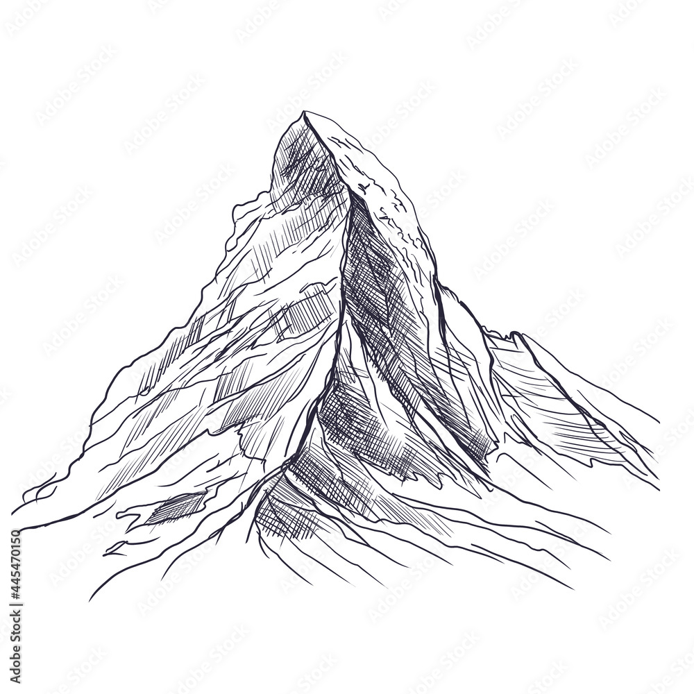 Alpy Rysunek ręcznie rysowany. Widok na górę Matterhorn - obrazy, fototapety, plakaty 