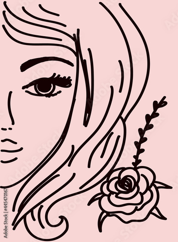 Woman face in line art style with editable stroke. Girl portrait. Modern female poster.