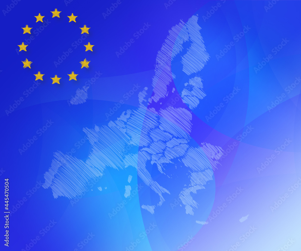 Background image with media screen Diagrams and graphs. In the background is the outline of the Union of Europe