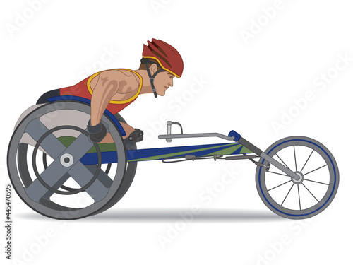 para sports paralympic racing, physical disabled male athlete sitting in specialized wheelchair isolated on a white background, landscape view