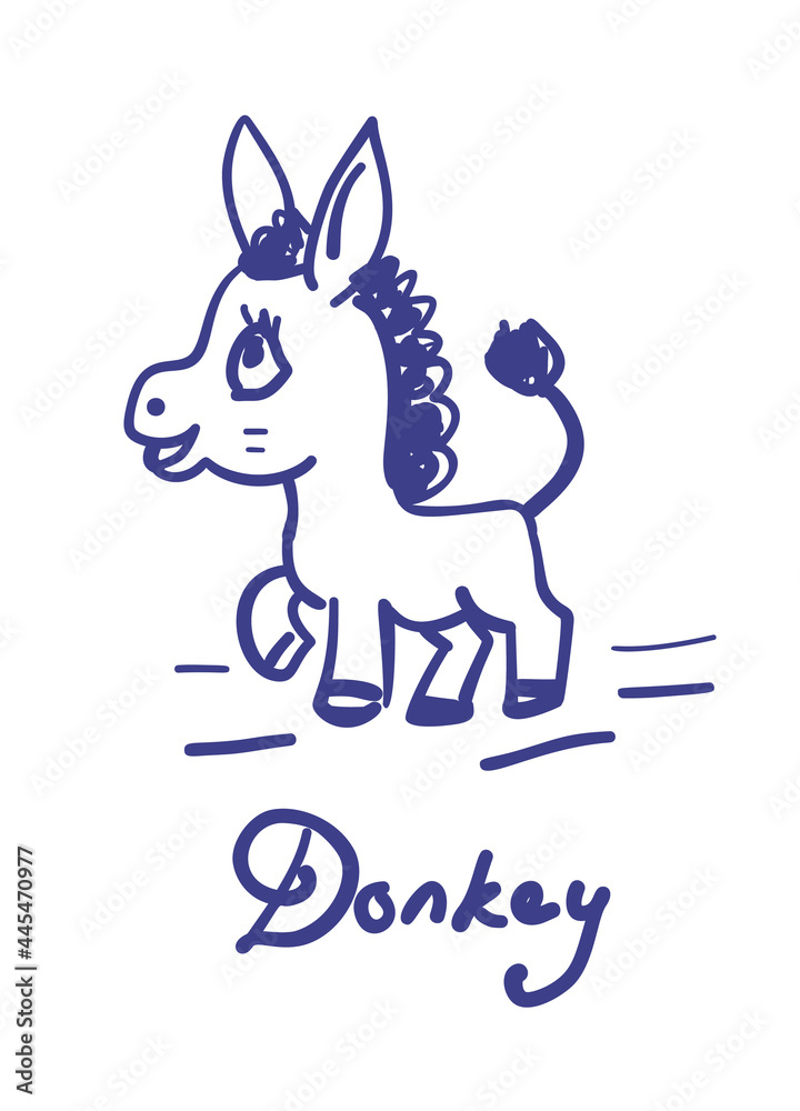 Doodle happy donkey. Hand drawn art. Funny design. Vector illustration.