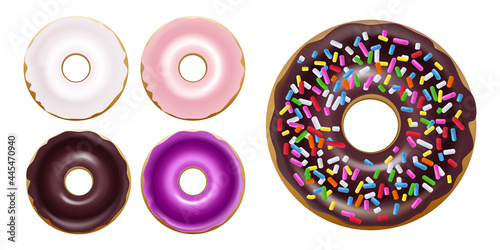 Donut collection with different icing. Chocolate, milky, strawberry doughnut. Delicious sweet for menu design, delivery box, cafe decoration.
