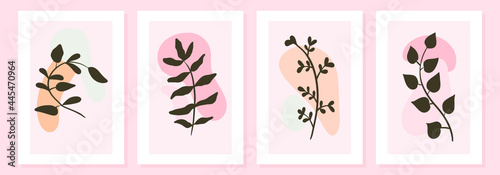 Set of simple vector art posters in white frame. Doodle line art branches and twigs with leaves, flower buds and petals. Abstract minimalistic shapes for design, print or wallpaper.