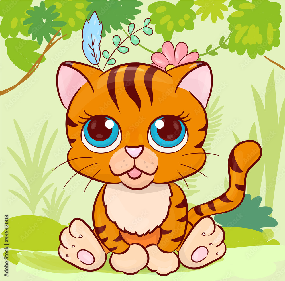 Fototapeta: Cartoon tiger character in jungle. Adorable wild cat. Cartoon  art. #445471313 '