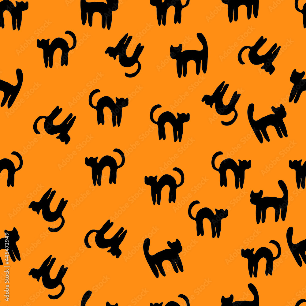 Hand drawn seamless pattern with black cats on yellow background. Doodle style. Suitable for wrapping paper, textiles, notebook and covers, clithes, bags, scrapbooking and wallpaper. Hand drawn seamless pattern with black cats on yellow background. Doodle style. Suitable for wrapping paper, textiles, notebook and covers, clithes, bags, scrapbooking and wallpaper.