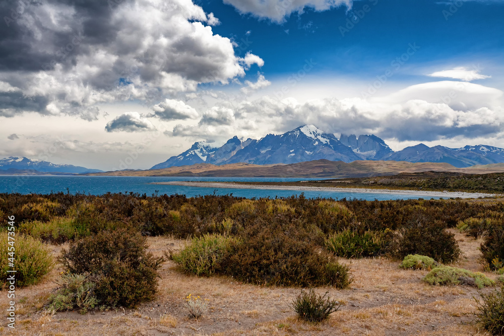 Fototapeta premium Scenic view of Torres del Paine cuernos and lago lake Pehoe mountains range. Torres del Paine national Park, Patagonia Chile