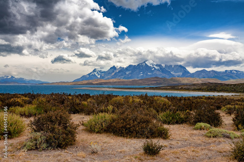 Scenic view of Torres del Paine cuernos and lago lake Pehoe mountains range. Torres del Paine national Park, Patagonia Chile
