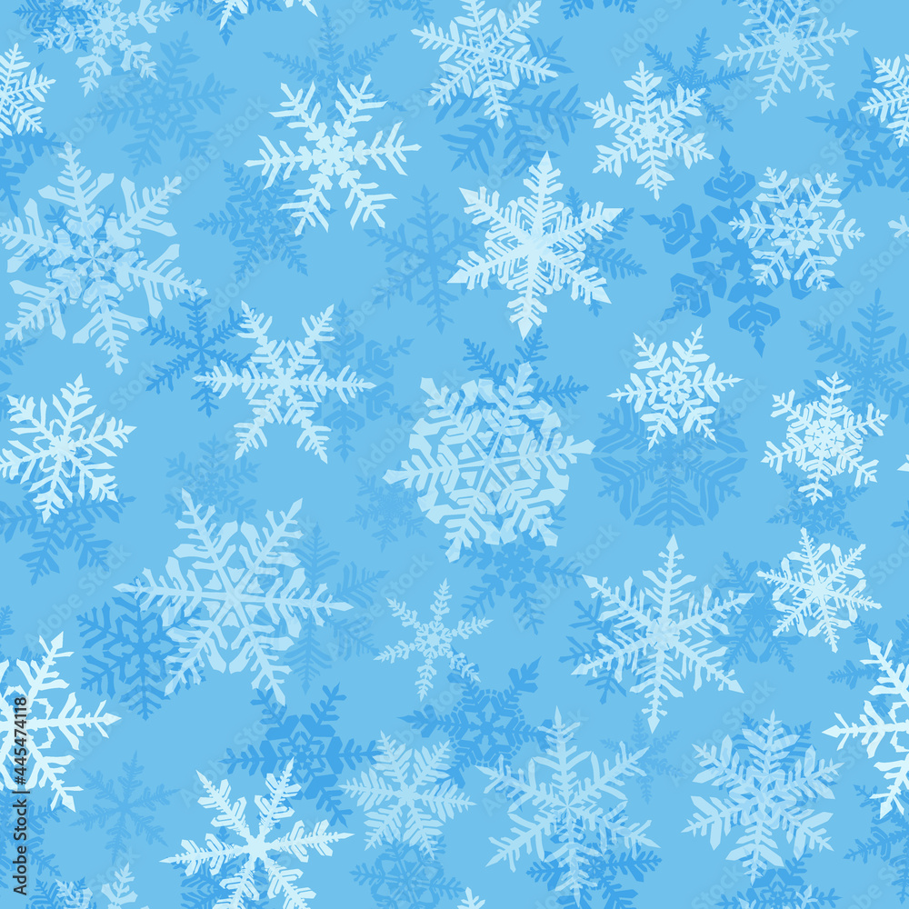 Christmas seamless pattern with complex big and small snowflakes, white on light blue background Christmas seamless pattern with complex big and small snowflakes, white on light blue background