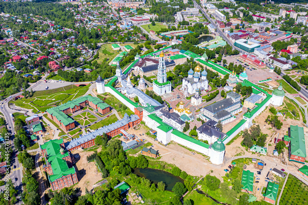 Russian Orthodox architecture. Aerial drone view of the Trinity Lavra of St Sergius in Sergiev Posad, Moscow region, Russia. Sunny summer day. Male monastery in Russia