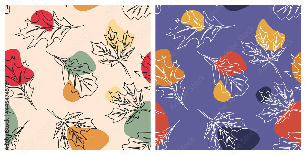 Autumn pattern. Vector. Seamless background with fall leaves. Colorful illustration in flat design. Hand drawn autumn background. Abstract wallpaper. Packaging Designs.