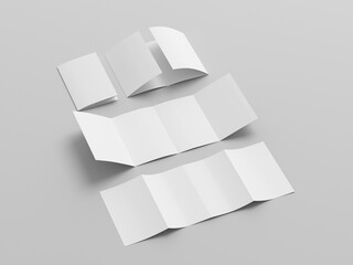 Vertical double gate fold brochure. Four panels, eight pages blank leaflet. Mock up on white background for presentation design. Folded, semi-folded, front and back side.