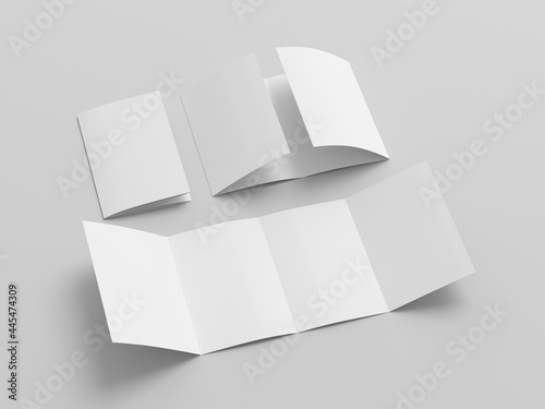 Vertical double gate fold brochure. Four panels, eight pages blank leaflet. Mock up on white background for presentation design. Folded, semi-folded and front side. photo