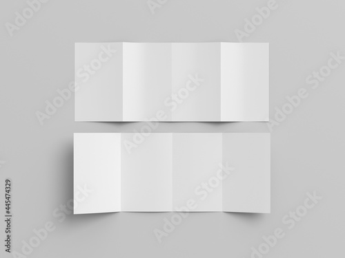 Vertical double gate fold brochure. Four panels, eight pages blank leaflet. Mock up on white background for presentation design. Front and back side.