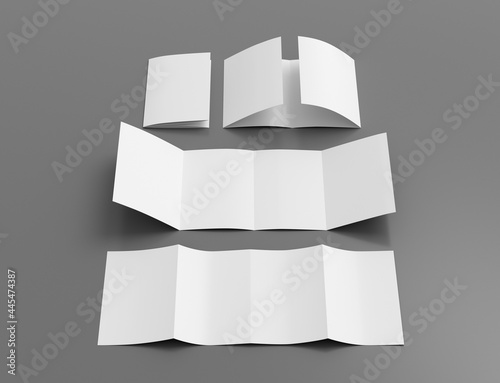Vertical double gate fold brochure. Four panels, eight pages blank leaflet. Mock up on gray background for presentation design. Folded, semi-folded, front and back side.