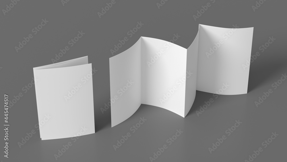 Vertical page zigzag or accordion fold brochure. Four panels, eight pages blank leaflet. Mock up on gray background for presentation design. Folded and front side. Vertical page zigzag or accordion fold brochure. Four panels, eight pages blank leaflet. Mock up on gray background for presentation design. Folded and front side.