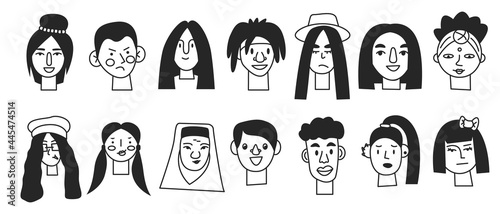 Doodle black minimal human face icons isolated. Monochrome monoline people portrait. Line male and female user profile avatars. Hand-drawn human icons, diverse characters. Vector simple illustration