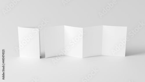 Vertical page zigzag or accordion fold brochure. Four panels, eight pages blank leaflet. Mock up on white background for presentation design. Folded and front side. © dimamoroz
