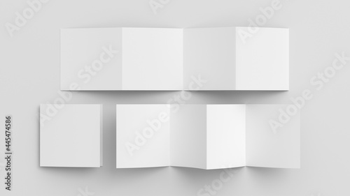 Square zigzag or accordion fold brochure. Four panels, eight pages blank leaflet. Mock up on white background for presentation design. Folded, front and back side..