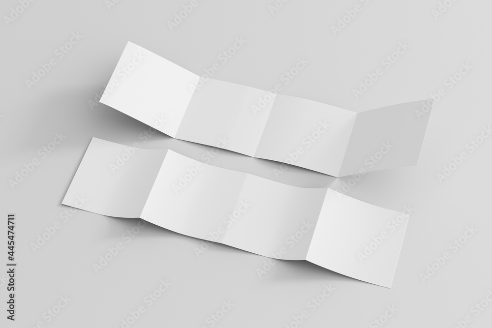 Square double gate fold brochure. Four panels, eight pages blank leaflet. Mock up on white background for presentation design. Front and back side. Square double gate fold brochure. Four panels, eight pages blank leaflet. Mock up on white background for presentation design. Front and back side.