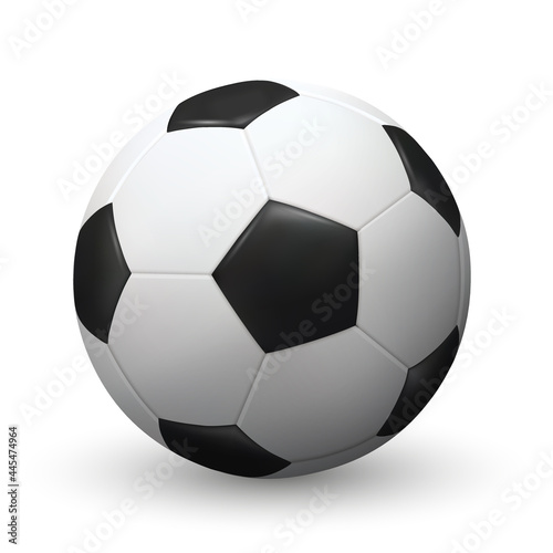 Realistic soccer ball or football ball with shadow isolated on white background. 3d equipment for sport or summer play outdoor. Shiny leather surface close-up. Vector illustration EPS10