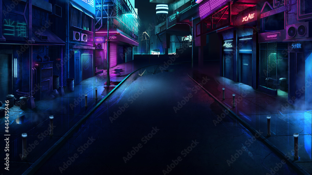 Realistic 2D cyberpunk city illustration. Neon night city.