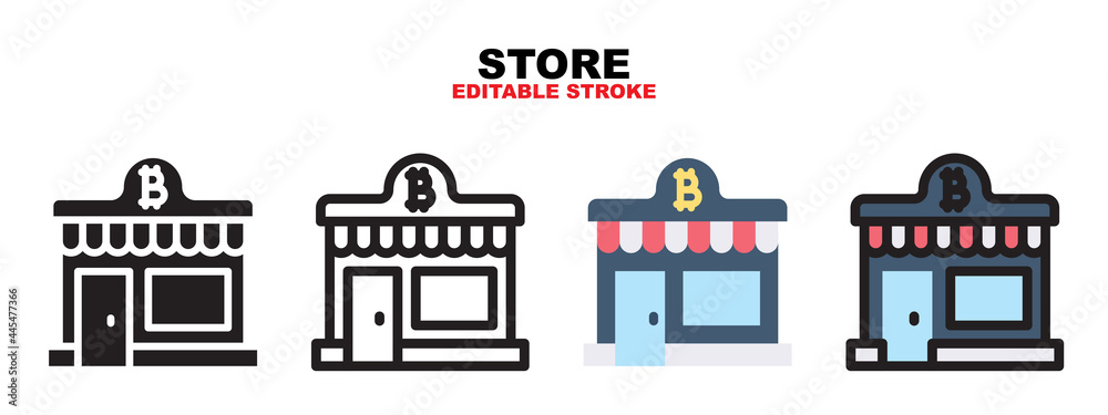 Outline, glyph black, flat color and filled line color, icon symbol set, store bitcoin concept, Isolated vector design, editable stroke Outline, glyph black, flat color and filled line color, icon symbol set, store bitcoin concept, Isolated vector design, editable stroke