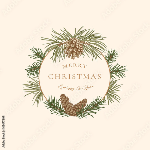 New year abstract card with round frame and with fir and pine branches and cones. Vintage green. Sketch.