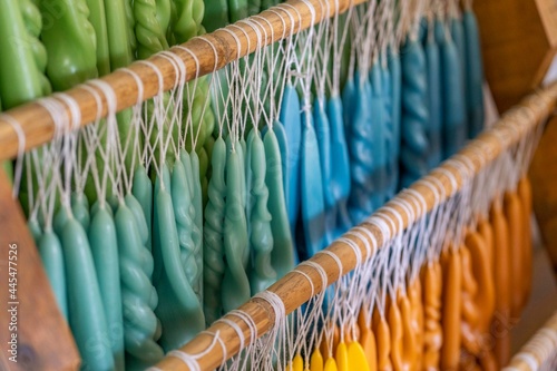 Artisanal bee wax candle. Colorful candles.