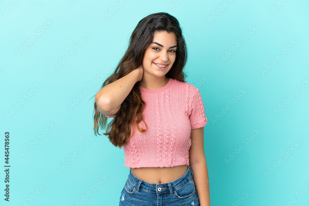 Young caucasian woman isolated on blue background laughing Young caucasian woman isolated on blue background laughing
