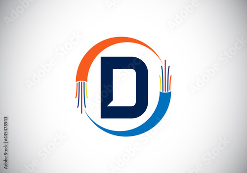 Initial D monogram letter alphabet with electric wire, optical fiber cable. Font emblem. Modern vector logo design for technology labels, electric business, and company identity.