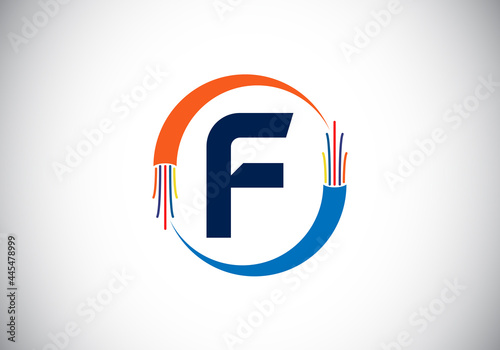 Initial F monogram letter alphabet with electric wire, optical fiber cable. Font emblem. Modern vector logo design for technology labels, electric business, and company identity.