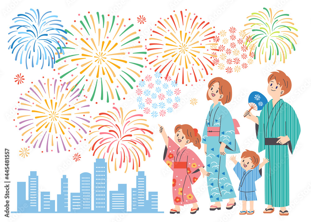 花火を楽しむファミリーのイラスト 白背景 Stock Vector Adobe Stock